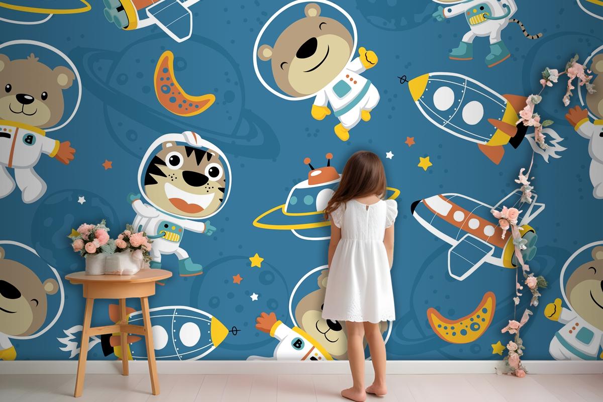 Seamless Pattern Of Funny Astronaut In Outer Space Transportation Wallpaper Mural