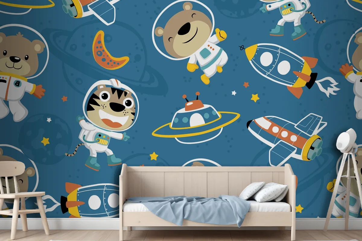 Seamless Pattern Of Funny Astronaut In Outer Space Transportation Wallpaper Mural