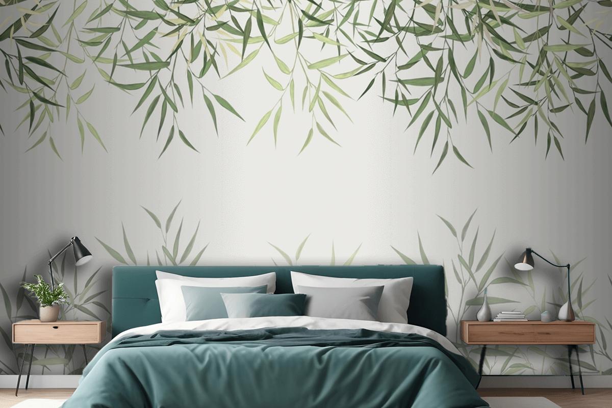 Seamless Pattern Of Reed Bamboo Leaves On A Light Background Wallpaper Mural