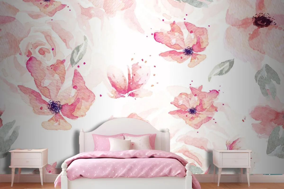 Seamless Pattern Of Rose And Orange Flowers Drawn Wallpaper Mural