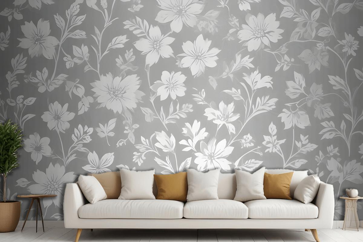 Seamless Pattern Of White Floral Silhouettes On A Light Gray Wallpaper Mural