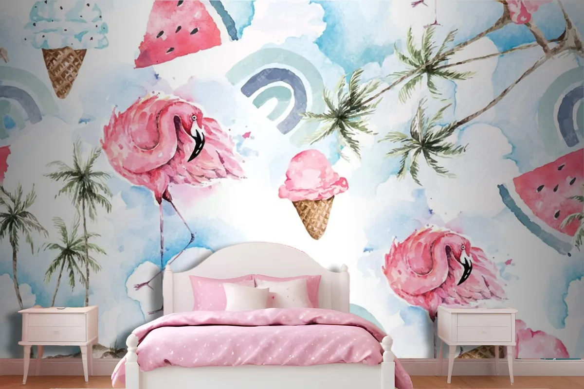 Seamless Pattern Palm Tree And Flamingo Wallpaper Mural