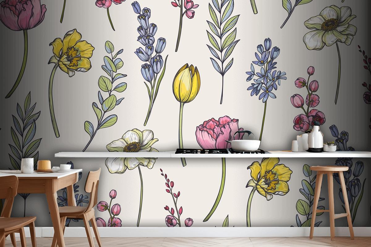 Seamless Pattern With Bouquets Of Spring Flowers Wallpaper Mural