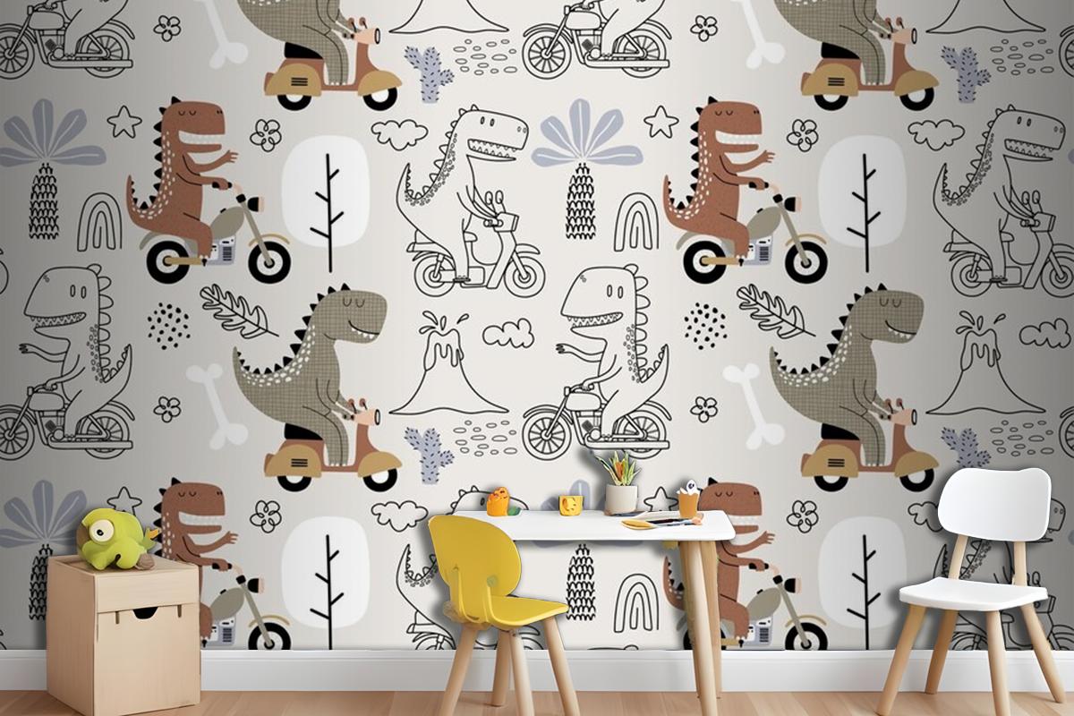 Seamless Pattern With Cute Dinosaur Riding A Motorbike Wallpaper Mural