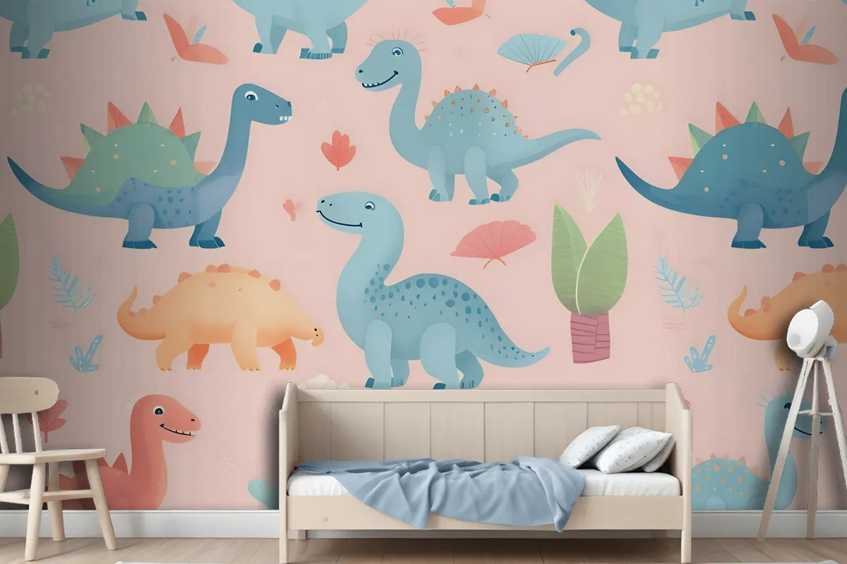 Seamless Pattern With Cute Dinosaurs Cute Dinosaurs Wallpaper Mural