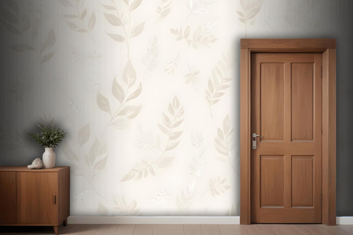 Seamless Pattern With Delicate White Leaves And Floral Elements On A Light Beige Wallpaper Mural