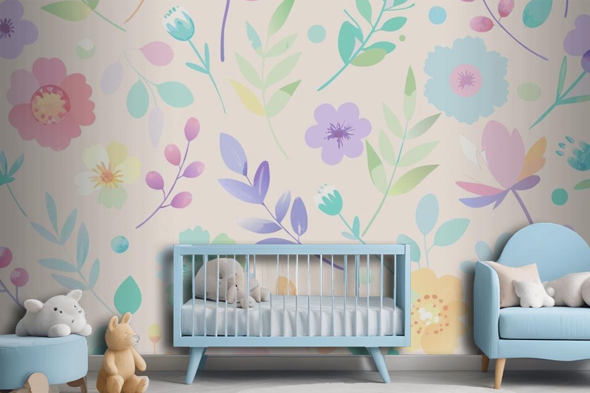 Seamless Pattern With Flowers And Leaves In Pastel Colors Wallpaper Mural