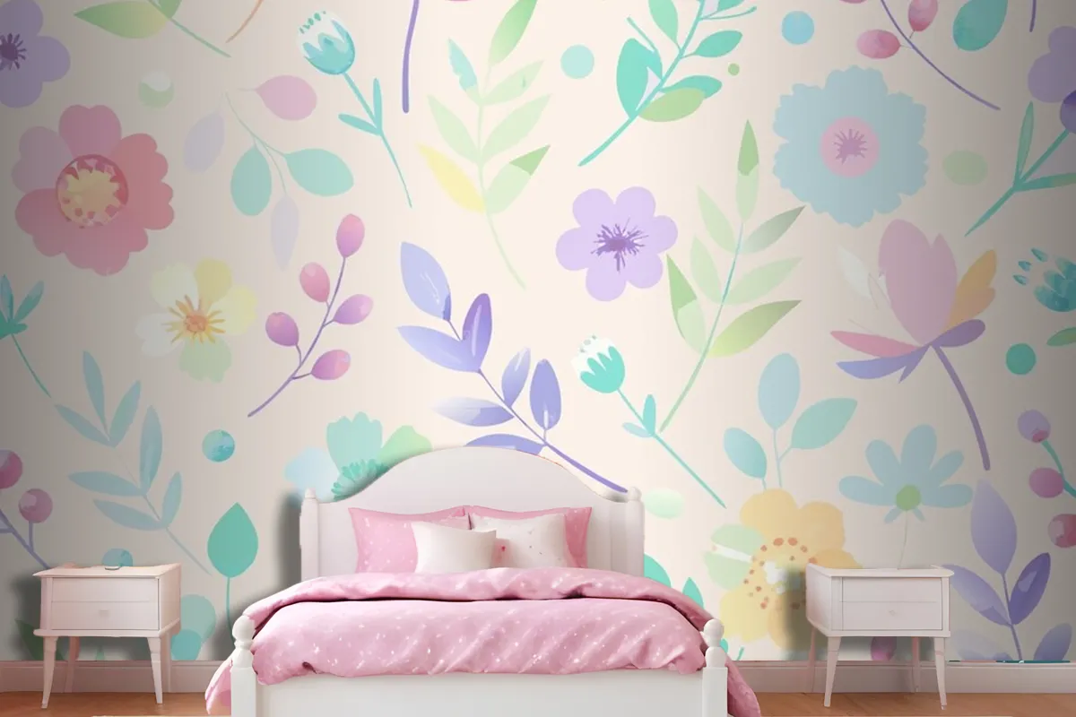 Seamless Pattern With Flowers And Leaves In Pastel Colors Wallpaper Mural