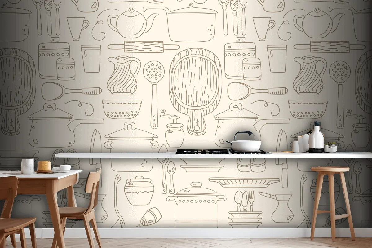 Seamless Pattern With Kitchen Utensils On Beige Wallpaper Mural