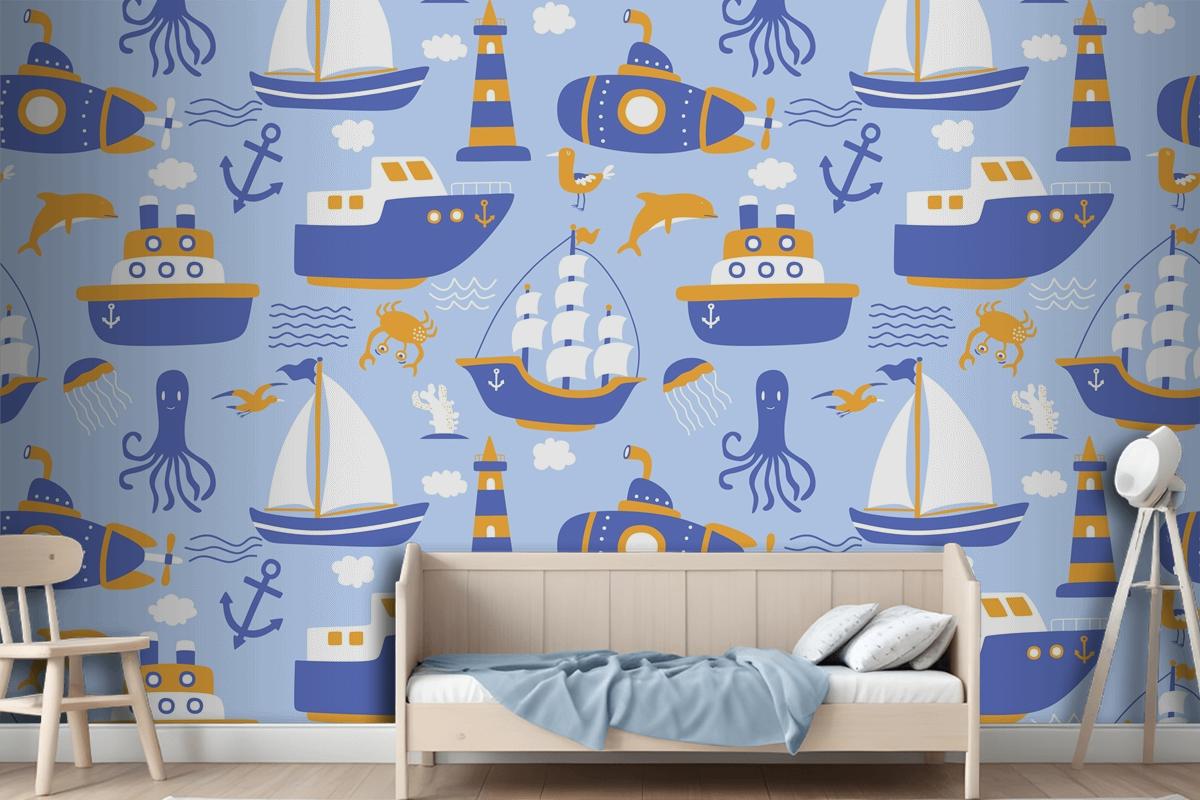 Seamless Pattern With Ships Wallpaper Mural