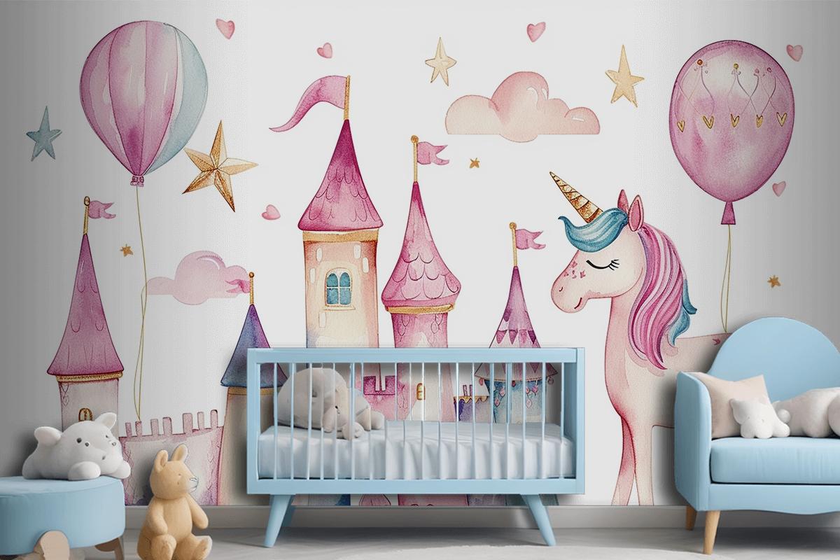 Set Of Cute Watercolor Kingdom Unicorn And Castle For Kids Book Birthday Party Wallpaper Mural