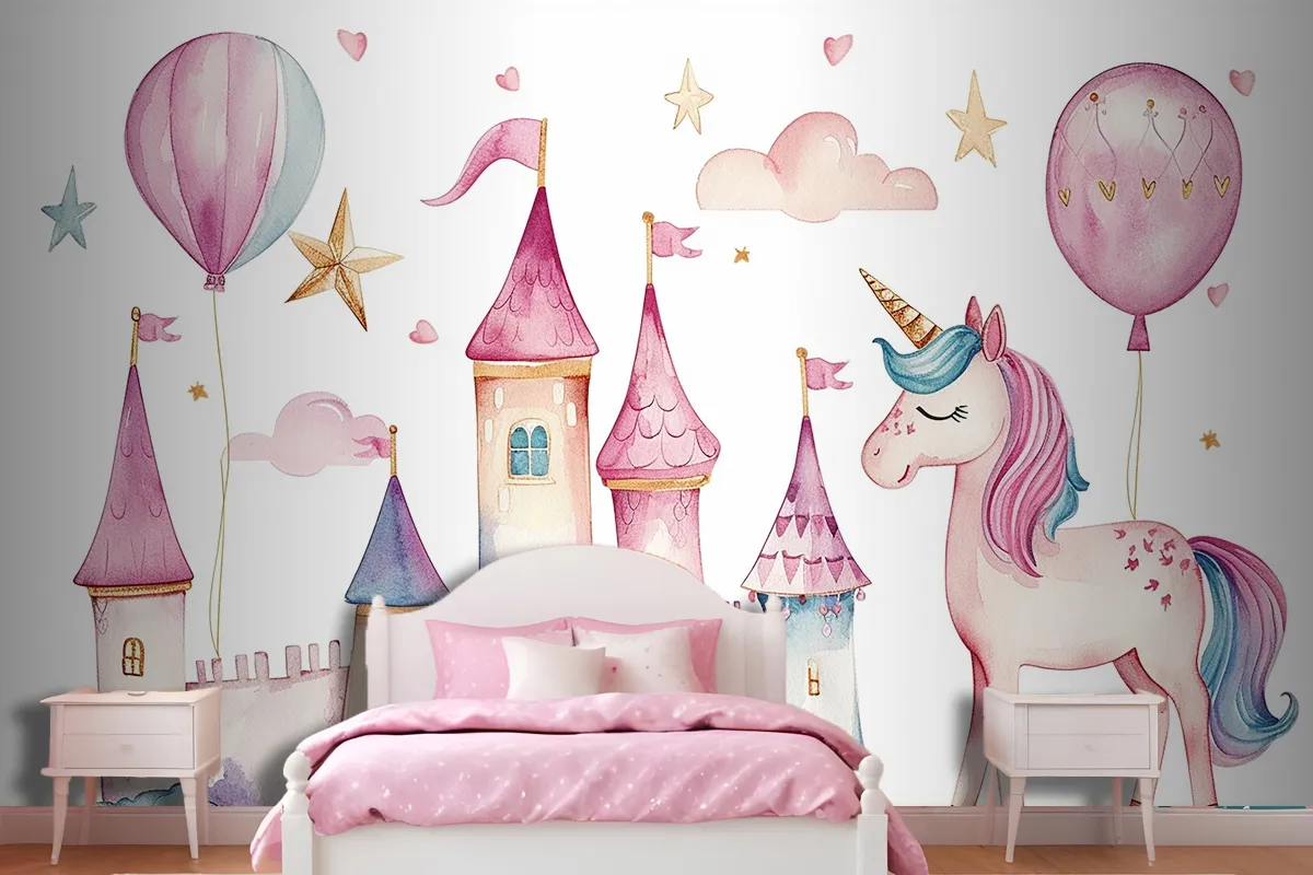 Set Of Cute Watercolor Kingdom Unicorn And Castle For Kids Book Birthday Party Wallpaper Mural