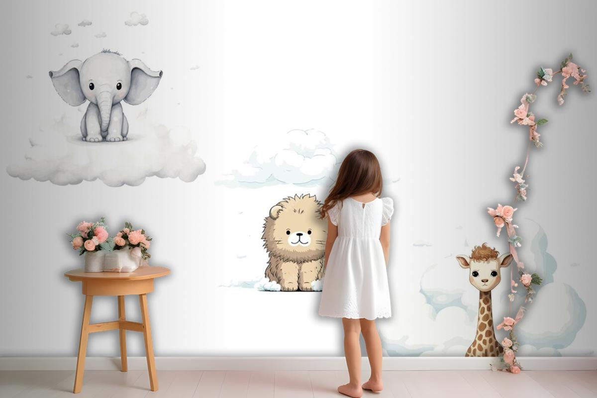 Set Sute Baby Funny Animals Elephant Giraffe Lion Wallpaper Mural