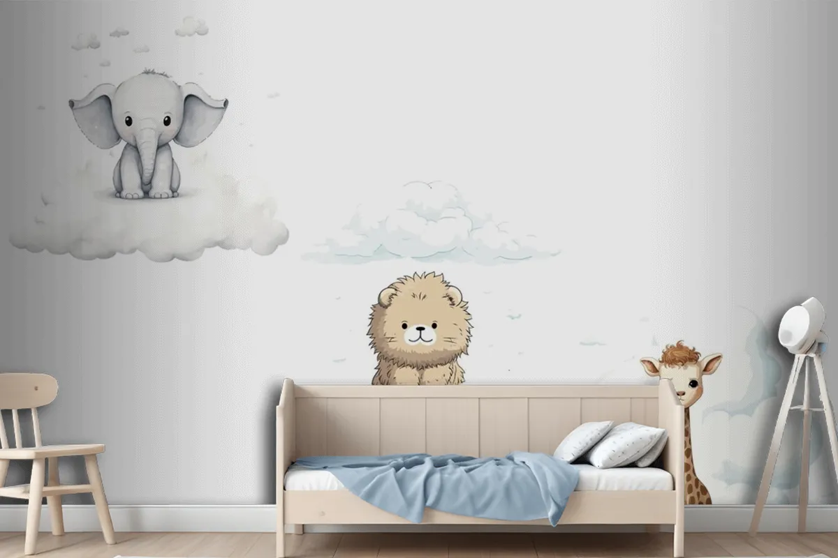 Set Sute Baby Funny Animals Elephant Giraffe Lion Wallpaper Mural