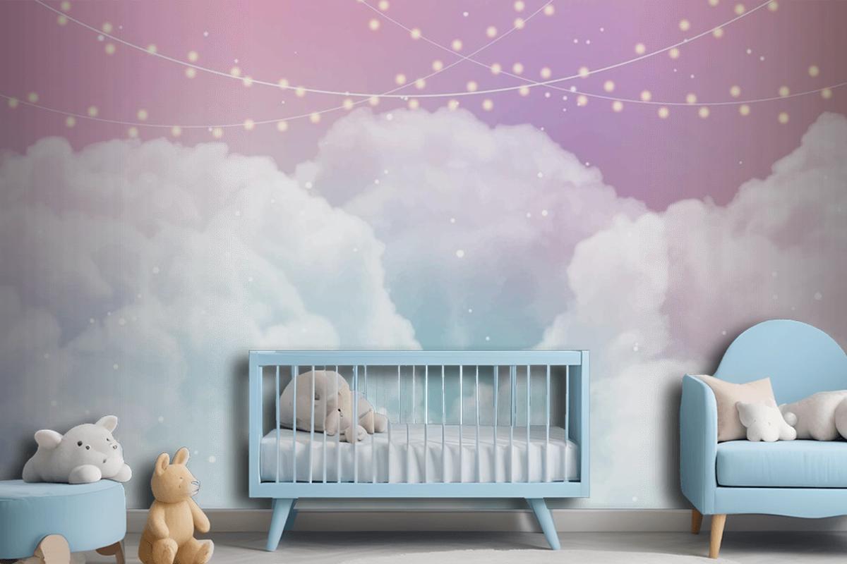 Sky Background With Sugar Cotton Candy Clouds And Stars Design Wallpaper Mural