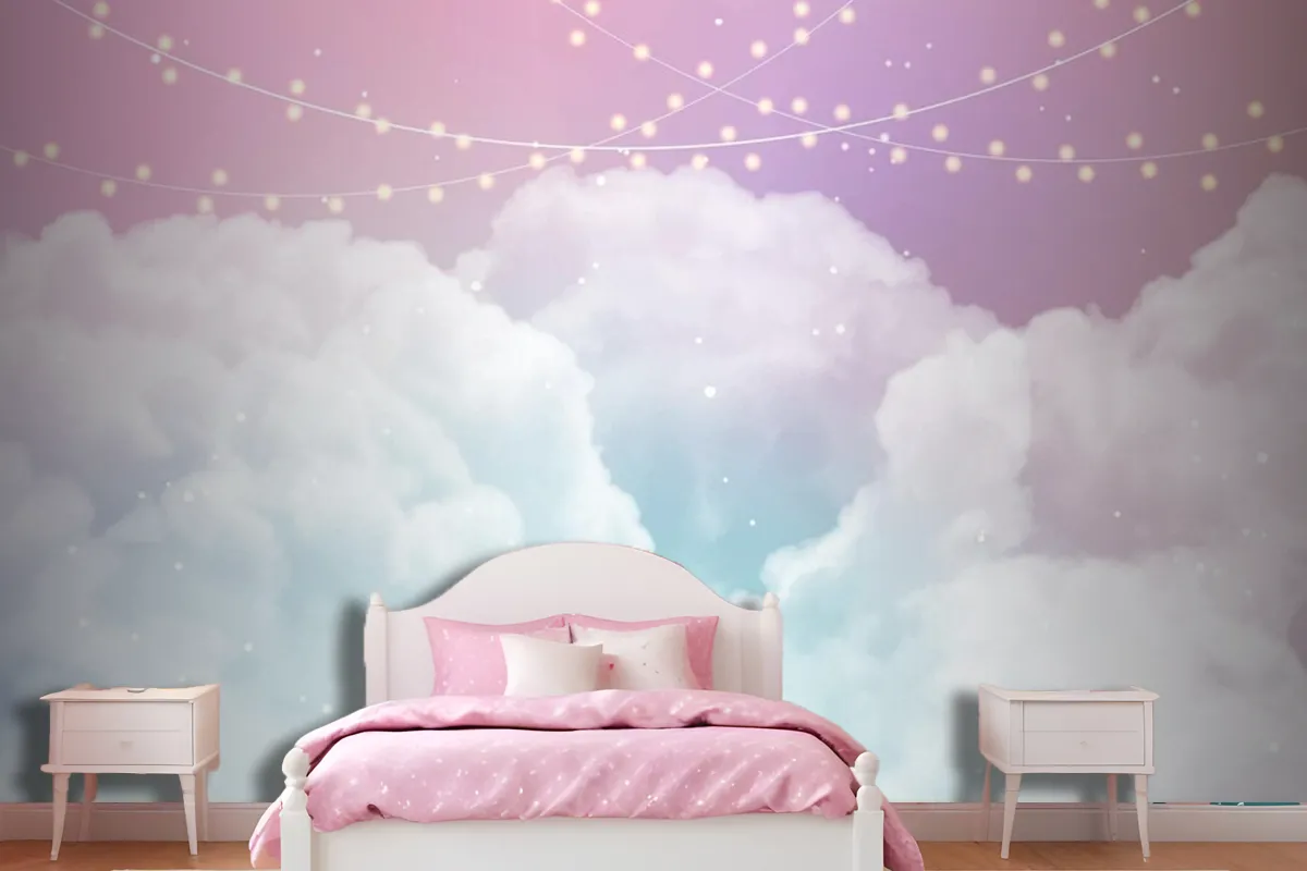 Sky Background With Sugar Cotton Candy Clouds And Stars Design Wallpaper Mural