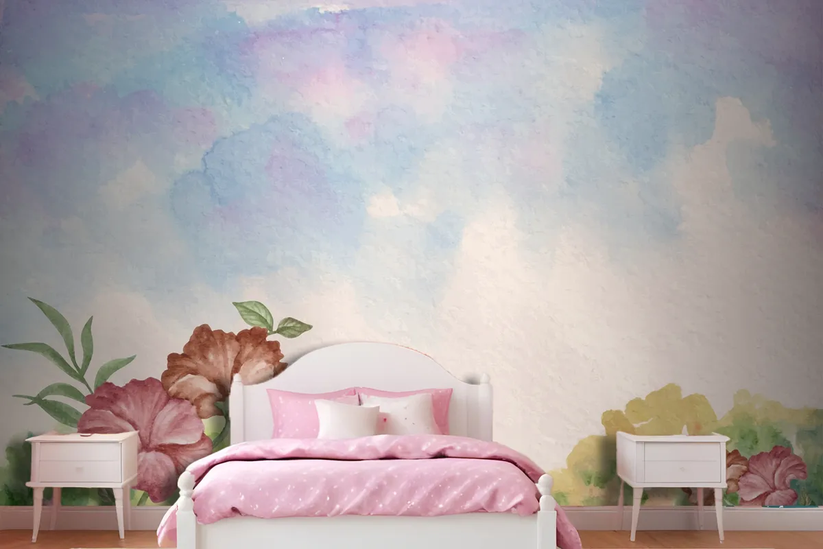 Sky View Watercolor Landscape Background With Flowers Wallpaper Mural