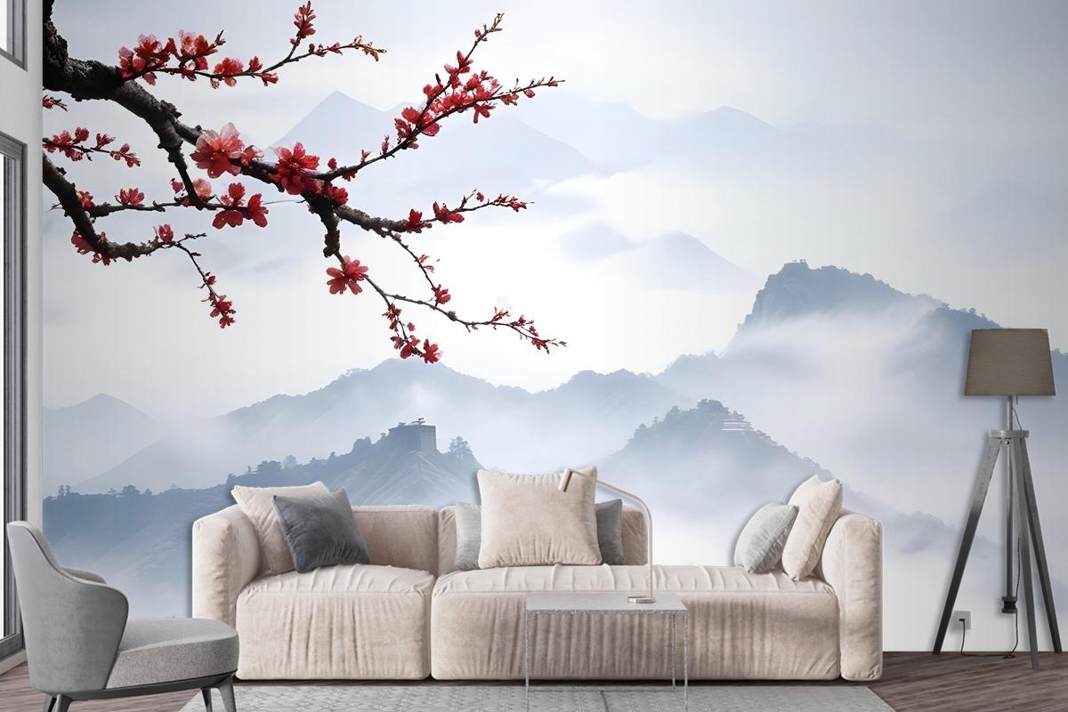 Snowy Mountainscape With Cherry Blossom Wallpaper Mural