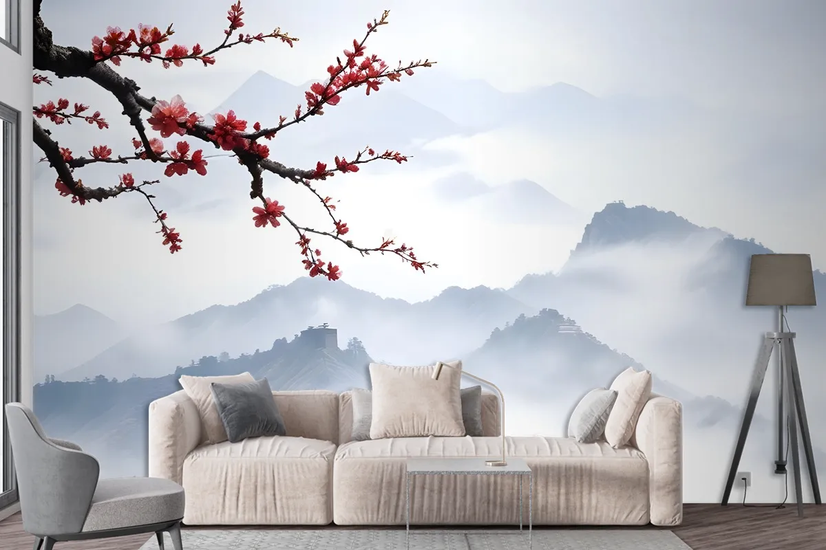 Snowy Mountainscape With Cherry Blossom Wallpaper Mural