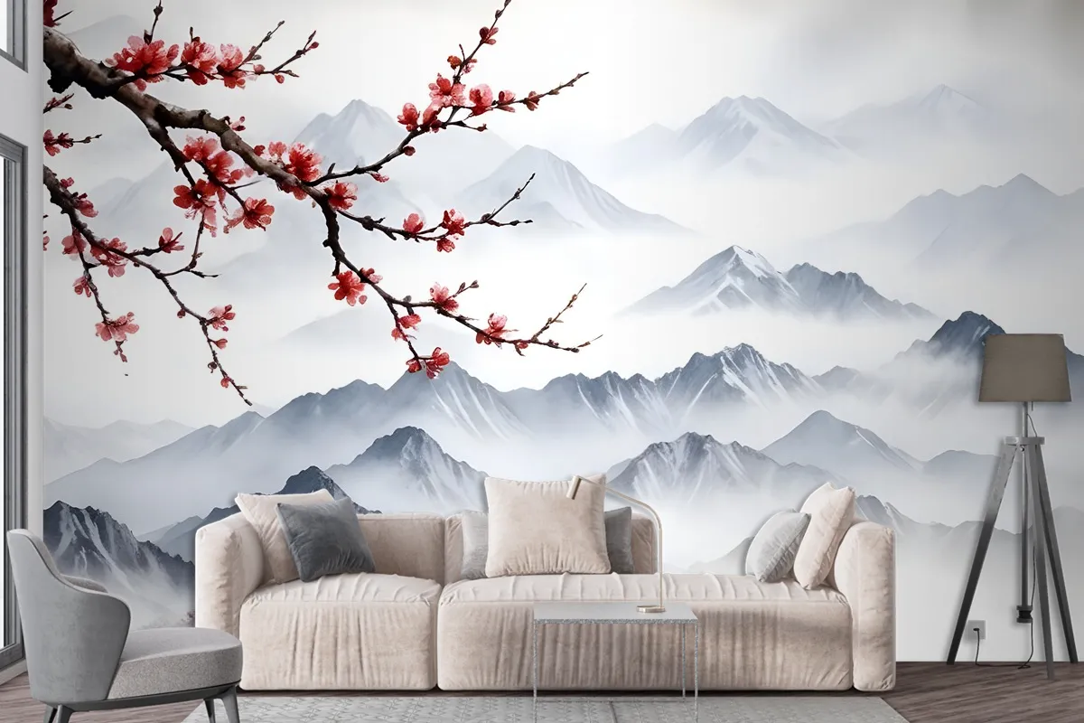 Snowy Mountainscape With Cherry Blossom Wallpaper Mural