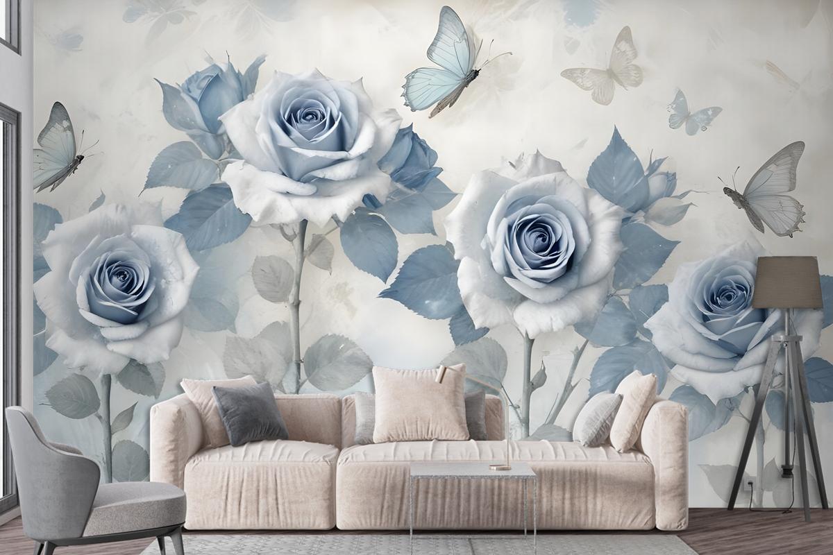 Soft Blue Floral Wallpaper Mural