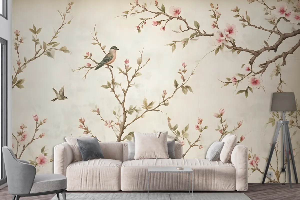 Soft Chinese Florals With Little Birds Wallpaper Mural