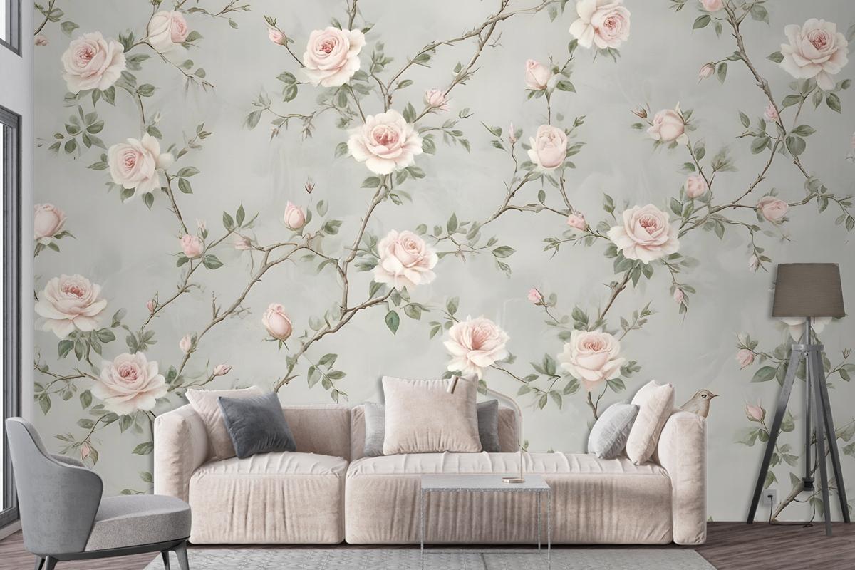 Soft Chinoiserie Peony Tree Blossom Art Wallpaper Mural