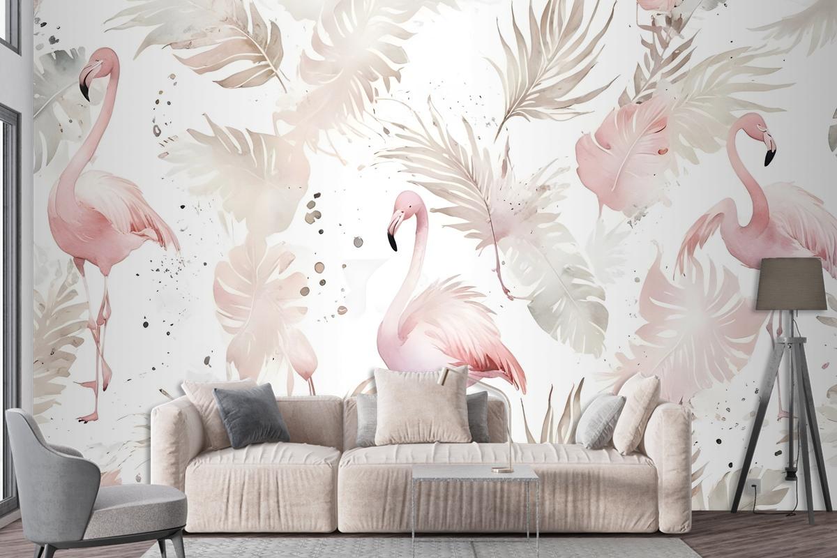 Soft Flamingo Art With Boho Tropical Leaf Wallpaper Mural