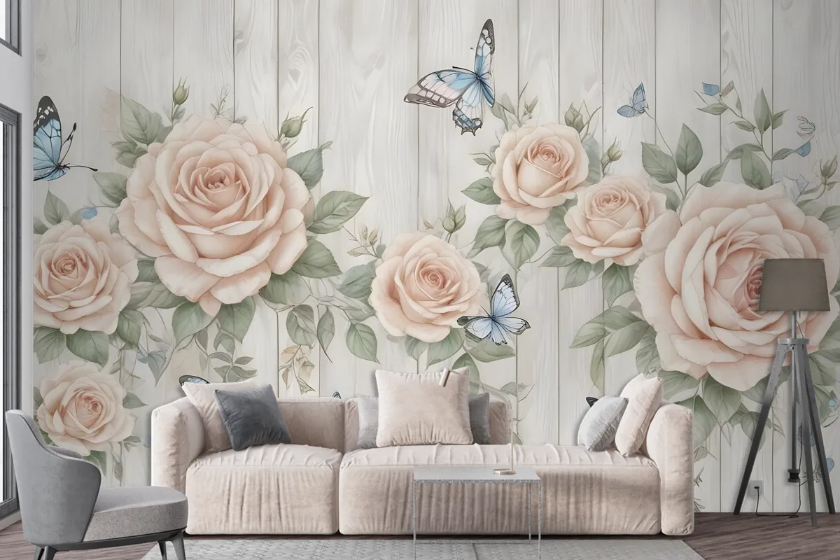 Soft Floral With Butterfly Wallpaper Mural