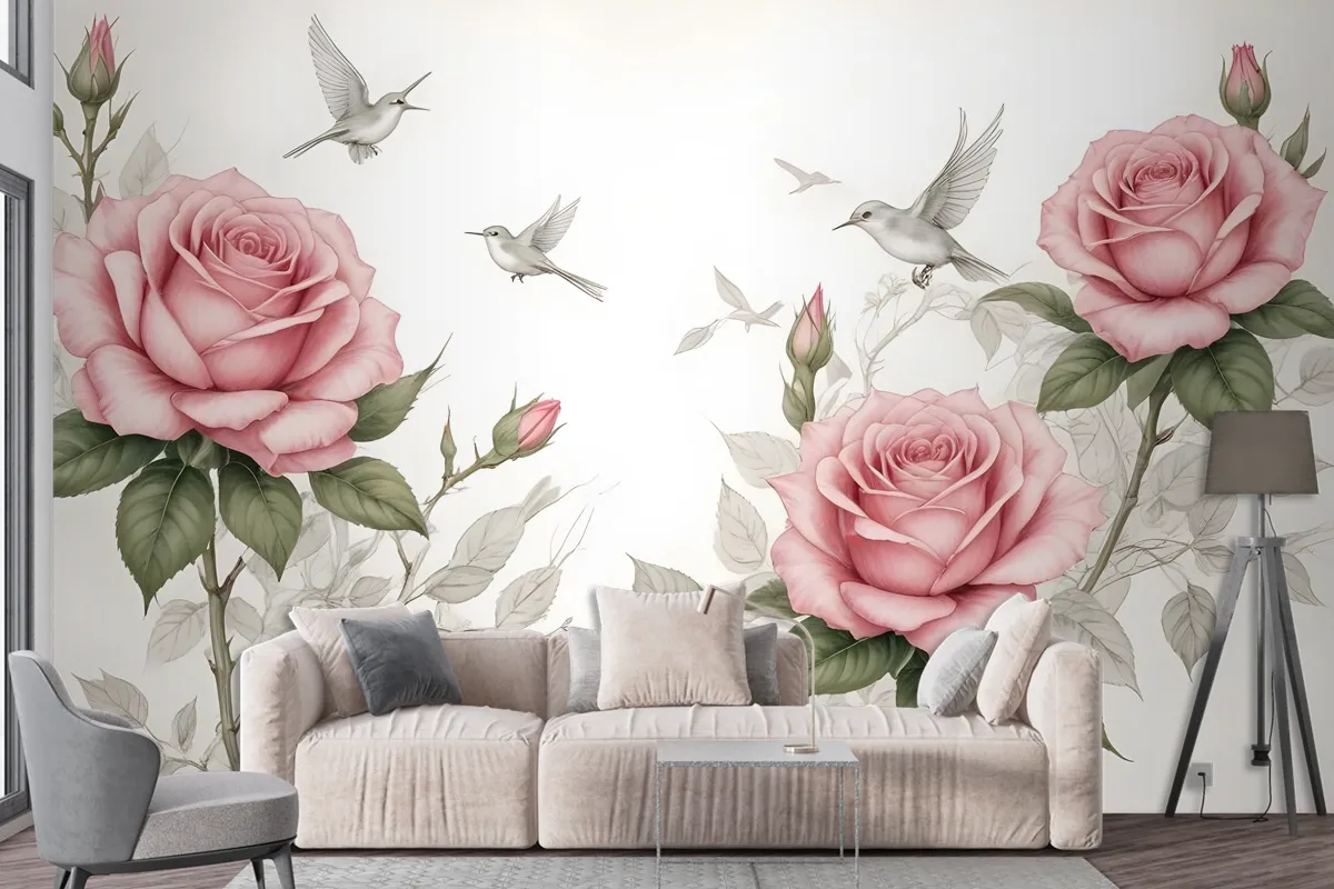 Soft Pink Flower And Charcoal Drawing Roses Wallpaper Mural