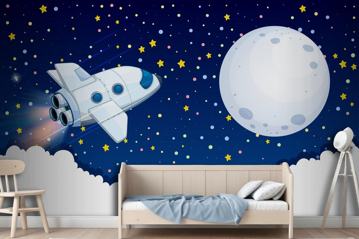 Spaceship Flying To The Moon Wallpaper Mural