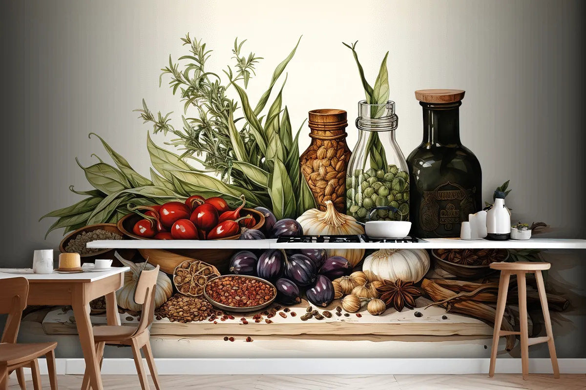 Spices And Herbs On Table Food And Cuisine Ingredients On Table Wallpaper Mural