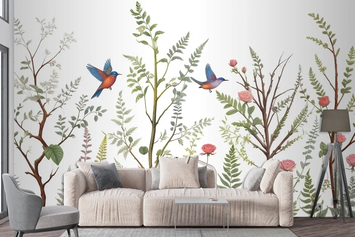 Spring Flower With Birds On The Trees Wallpaper Mural