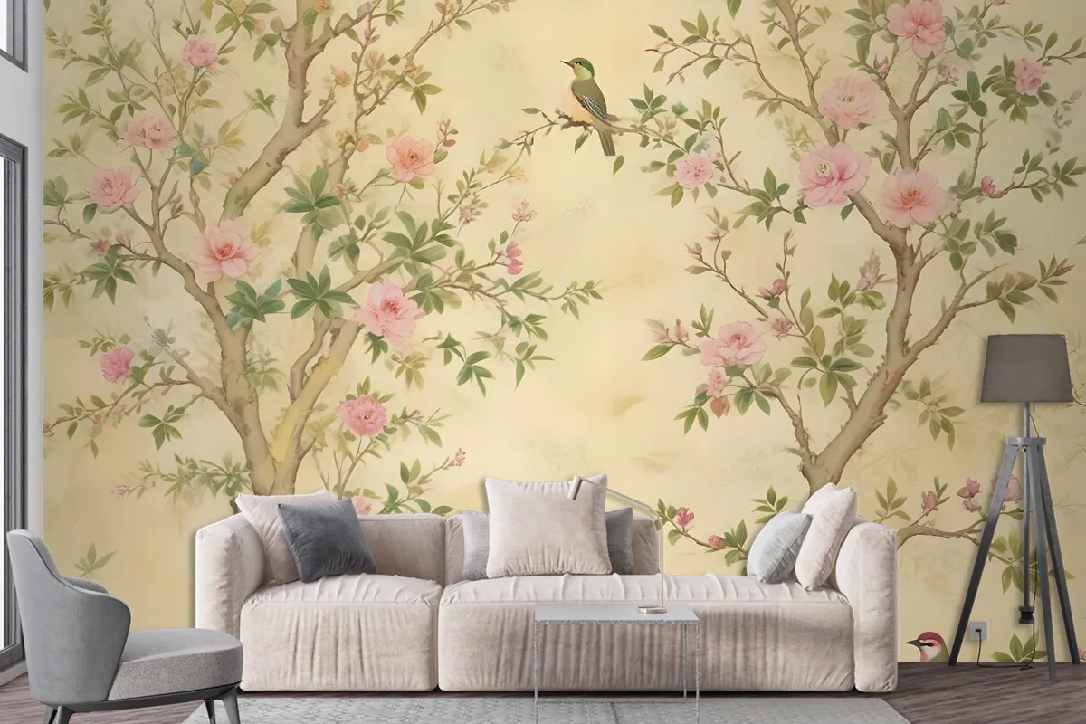 Spring Flowers Birds On The Yellow Background Floral Chinoiserie Wallpaper Mural