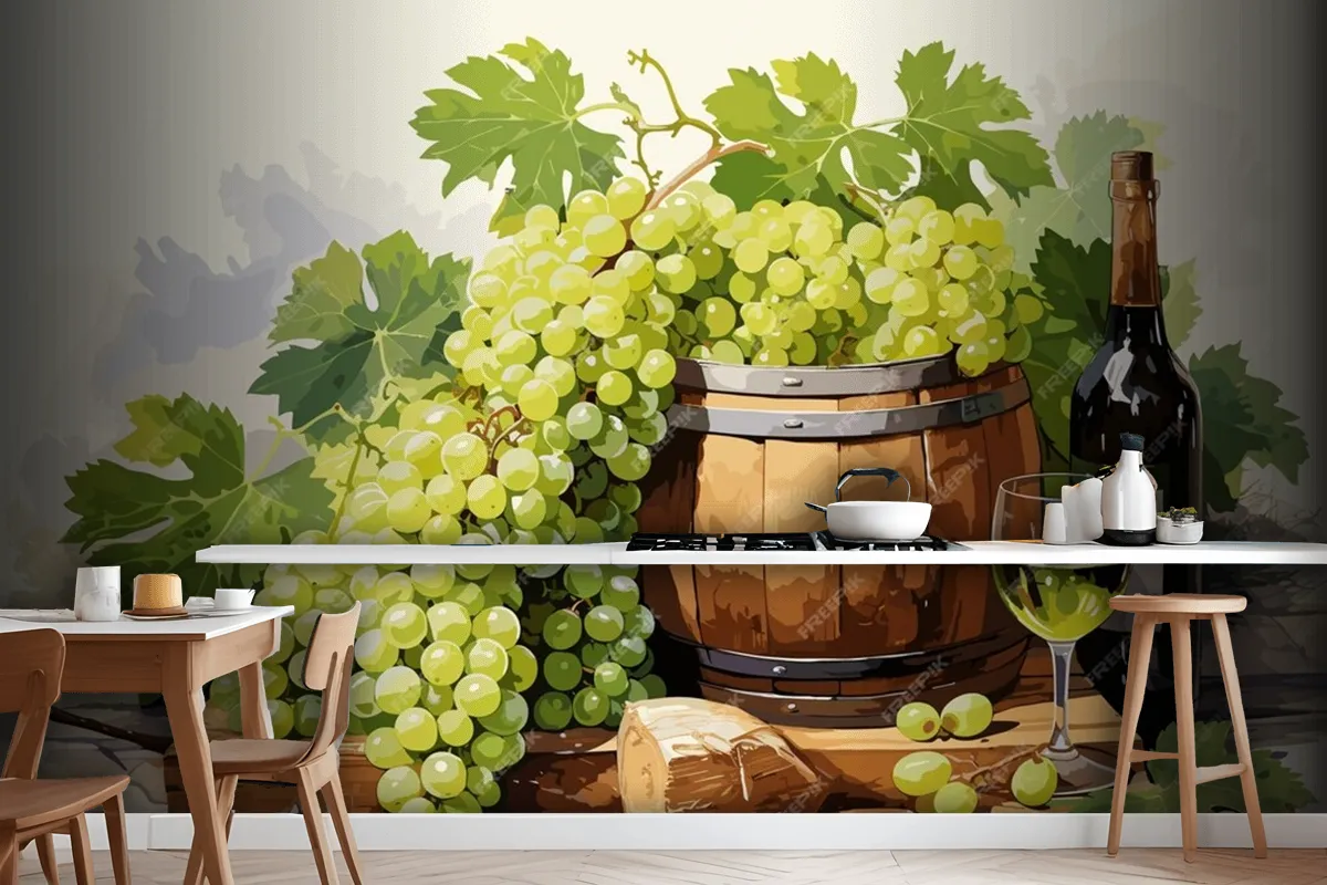 Still Life With Bottle Of White Wine Glass Of Wine And Grapes On Table In Vineyards Wallpaper Mural