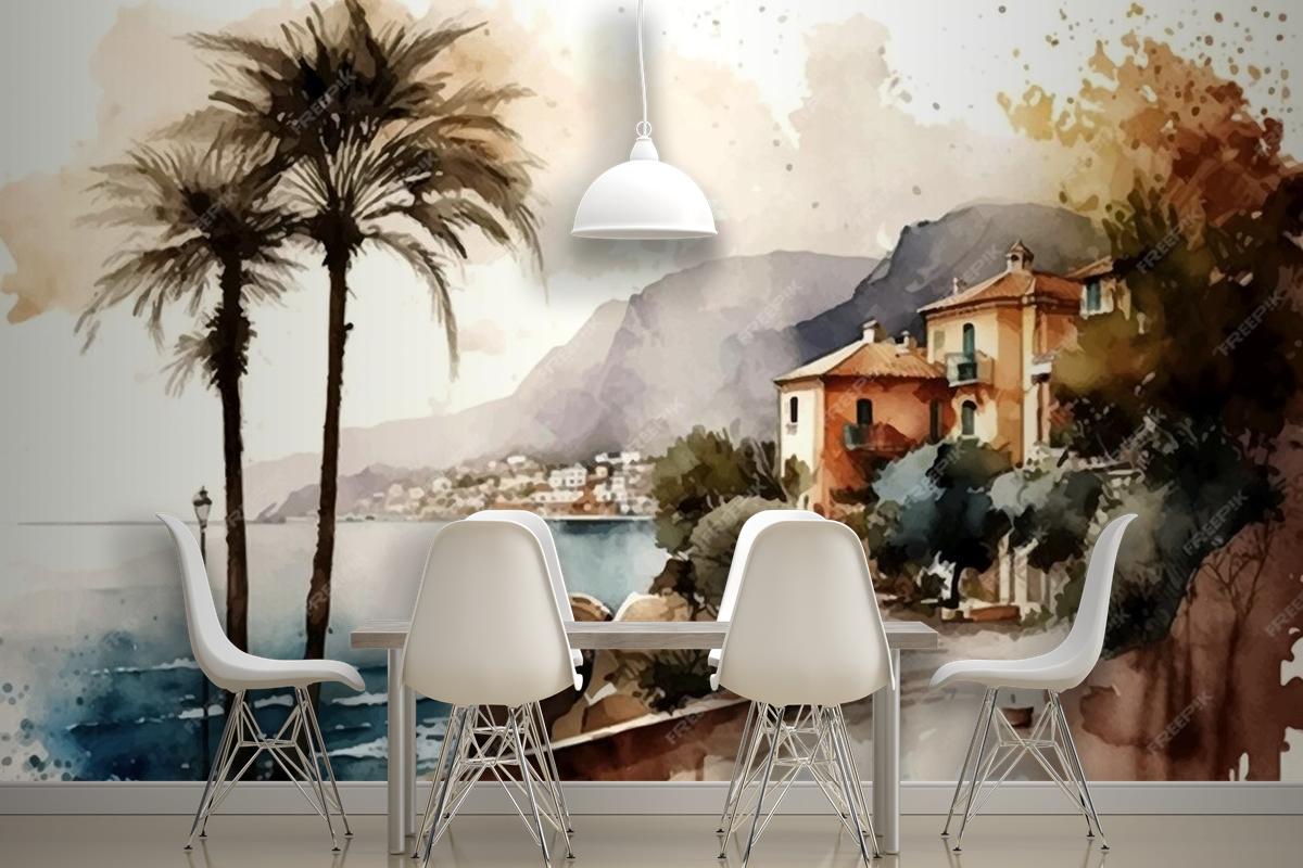 Stunning Landscape Painting With Seaside City Silhouette Wallpaper Mural