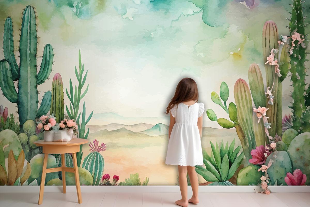 Succulent And Cactus Watercolor Background Wallpaper Mural