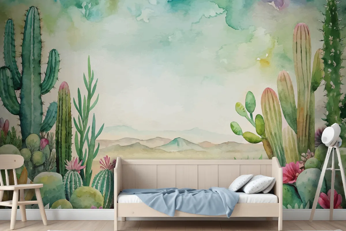 Succulent And Cactus Watercolor Background Wallpaper Mural