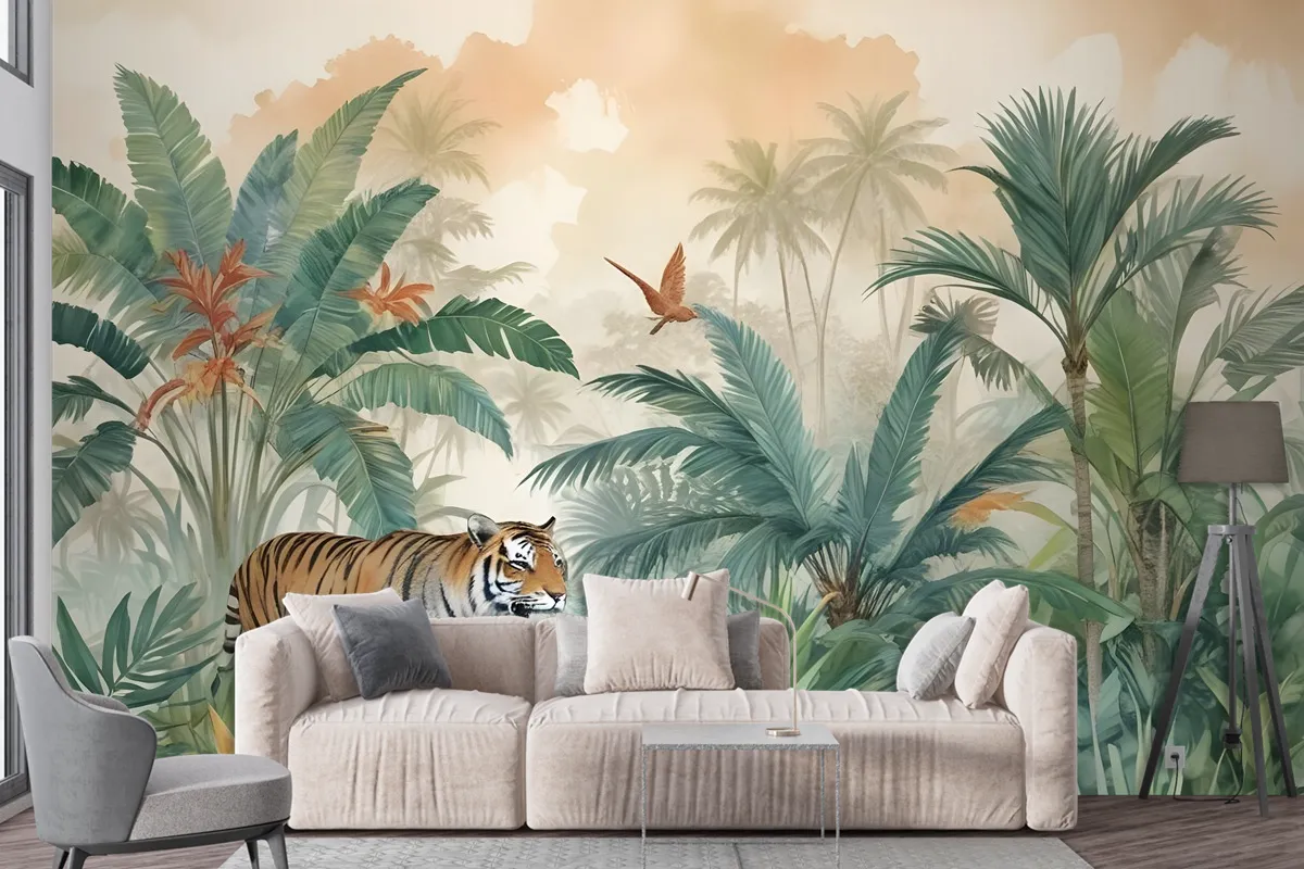 Tiger And Tropical Leaves Wallpaper Mural