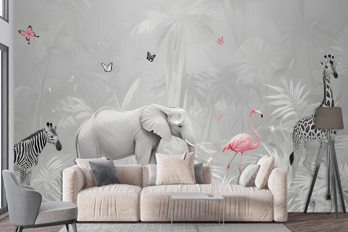 Tropical Animals With Leafs Wallpaper Mural For Children