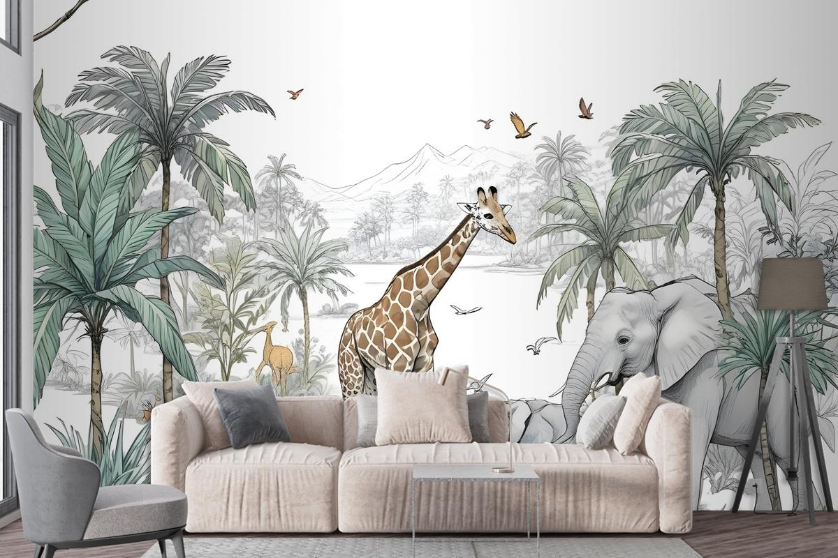 Tropical Animals With Mountain Wallpaper Mural