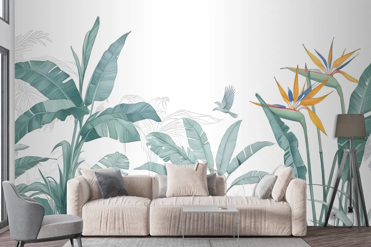 Tropical Banana Leaf With A Bird Wallpaper Mural