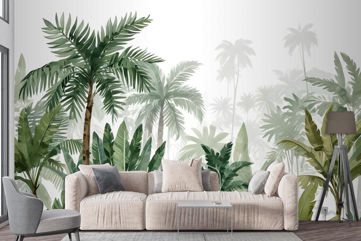 Tropical Cartoon Palm Tree And Banana Leaves Wallpaper Mural