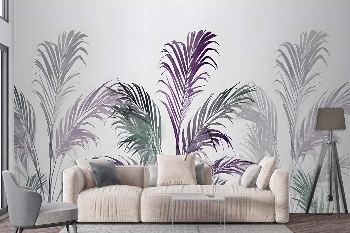 Tropical Fresh Purple Green Palm Leaves Wallpaper Mural