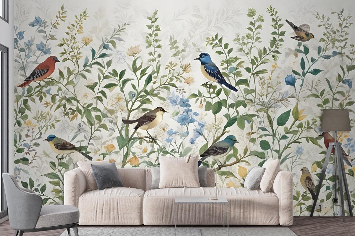 Tropical Green Leaves With Stork Wallpaper Mural