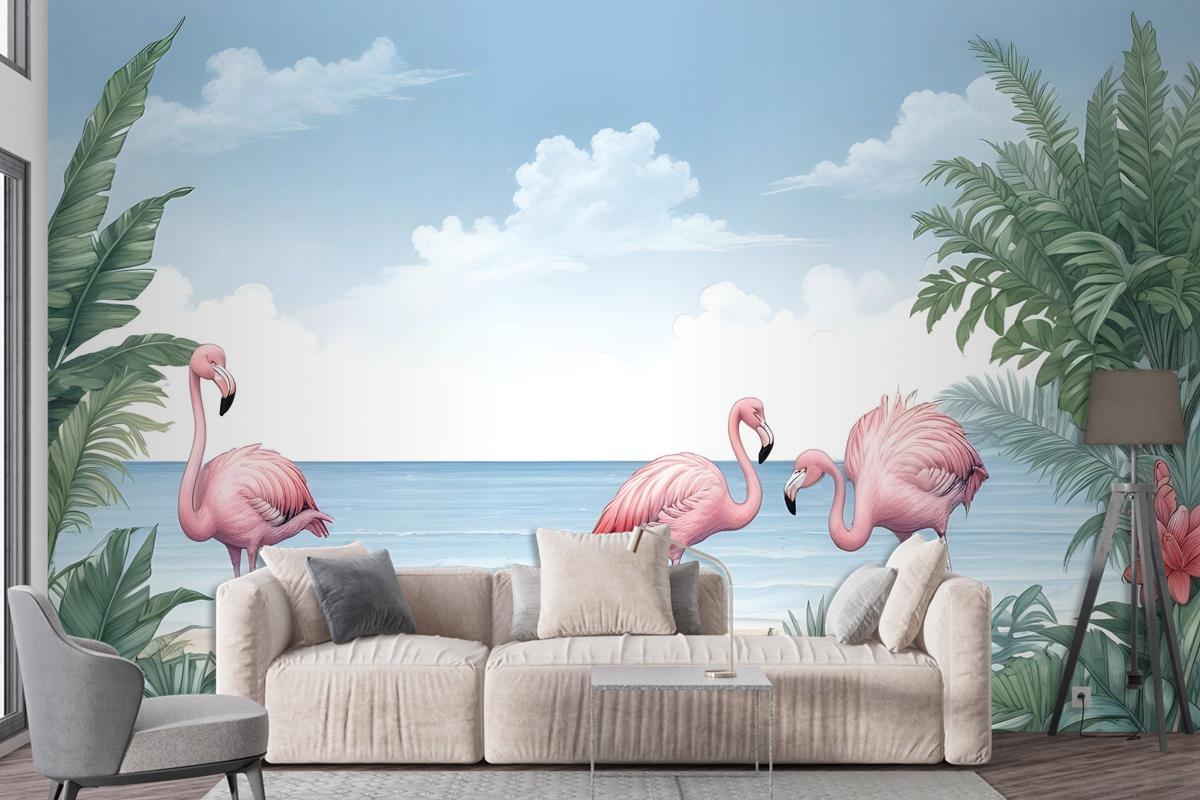 Tropical Landscape With Flamingos Wallpaper Mural