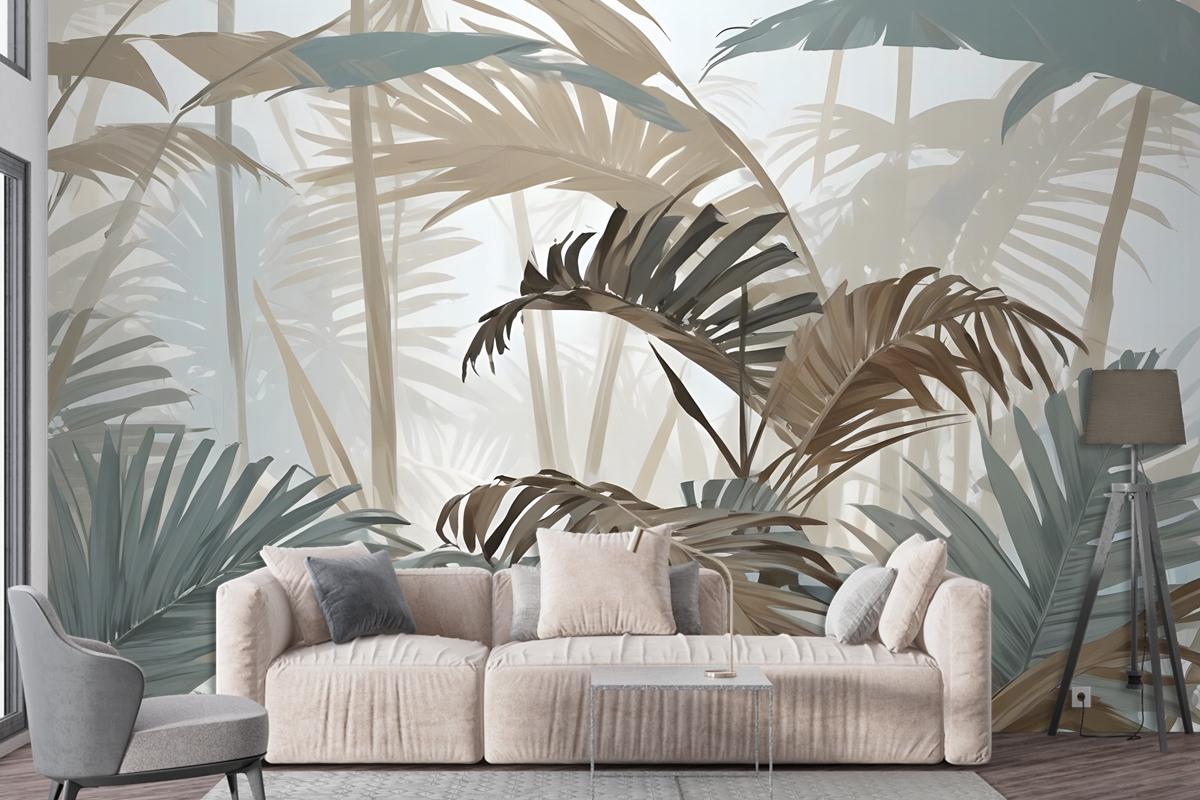 Tropical Leaf Painting With Brush Strokes Wallpaper Mural