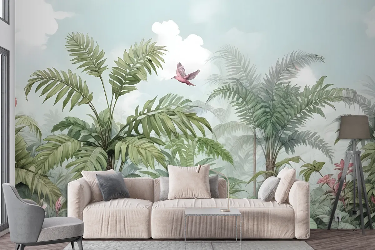 Tropical Leaves With Birds And Florals Wallpaper Mural