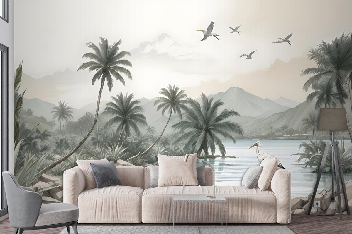 Tropical Nature Landscape With Birds Wallpaper Mural