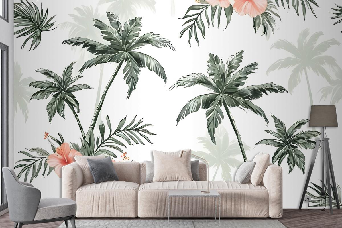 Tropical Palm Tree With Mirabilis Floral Pattern Wallpaper Mural